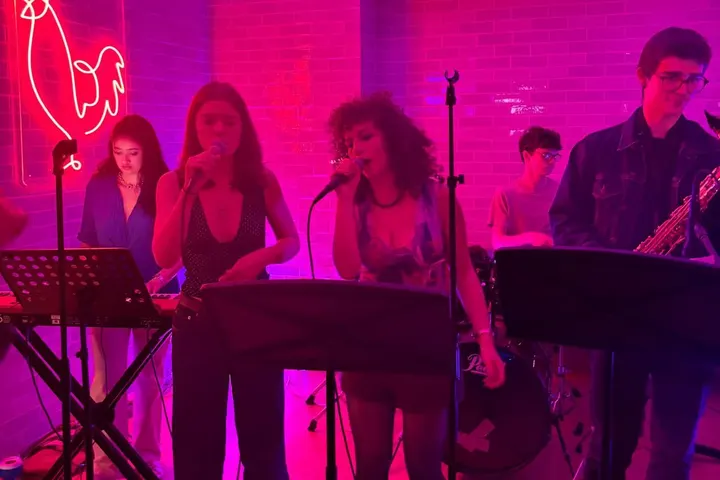 The band on stage under pink light and a neon rooster