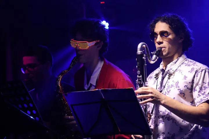 Sax and bass clarinet, one pair of light-up glasses